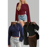Tarz Cool Siyah - Lacivert - Bordo 3Lü Paket Kadın Uzun Kollu Belden Oturtmalı Bluz