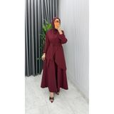 TARZ-I HAS BUTİK Bordo Manolya Bol Pantolonlu Tesettür Takım Kemerli Double Krep Kumaş