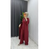 TARZ-I HAS BUTİK Bordo Sevgi Takım Üçlü Tam Boy İçlik Hırka Ve Pantolon Tesettür Giyim