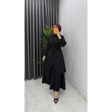 TARZ-I HAS BUTİK Siyah Manolya Bol Pantolonlu Tesettür Takım Kemerli Double Krep Kumaş