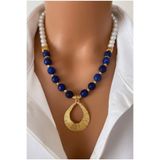 TARZ-I TAKI DOĞAL TAŞ 8 mm İnci & 10 mm Lacivert Lapis Taşı Altın Kaplamalı Özel Tasarım Kadın Kolye Alerji Yapmaz ve Özel Hediye Kutulu Gönderim