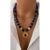 TARZ-I TAKI DOĞAL TAŞ Lacivert 8 mm & 10 mm Lapis Lazuli Taşı Özel Zirkon Taşlı Uç Kadın Plaka Tasarım Kolye Hediye Kutusunda