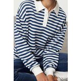 Tarz Oversize Polo Yaka Düşük Kol Regular Çizgili Polo Yaka Kalın İçi Polarlı Örme Sweatshirt