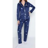 Tarz Rahat Uzun Kollu Boru Paça Ay Desenli Polar Kışlık Örme Pijama Takımı
