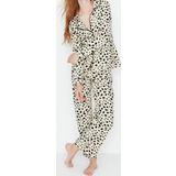 Tarz Rahat Uzun Kollu Boru Paça Bej %100 Pamuklu Leopar Desenli Gömlek-Pantolon Örme Pijama Takımı