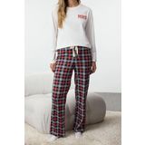 Tarz Rahat Uzun Kollu Boru Paça Kadın %100 Pamuklu Ekoseli Örme Pijama Takımı