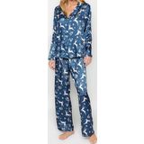 Tarz Rahat Uzun Kollu Boru Paça Lacivert- Yılbaşı Temalı Saten Gömlek-Pantolon Dokuma Pijama Takımı