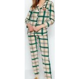 Tarz Rahat Uzun Kollu Boru Paça Nakışlı Ekoseli Polar Kışlık Örme Pijama Takımı