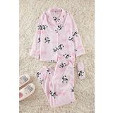 Tarz Rahat Uzun Kollu Boru Paça Panda Desenli Uyku Bantlı Polar Kışlık Örme Pijama Takımı
