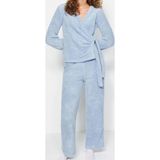 Tarz Rahat Uzun Kollu Boru Paça Pembe Yaka Wellsoft Kışlık Örme Pijama Takımı
