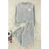 Tarz Rahat Uzun Kollu Boru Paça Yıldız Nakışlı Çizgili Kışlık Wellsoft Örme Pijama Takımı