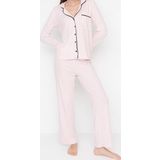 Tarz Rahat Uzun Kollu Geniş Paça %100 Pamuklu Çizgili Biyeli Örme Pijama Takımı