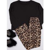Tarz Rahat Uzun Kollu Geniş Paça %100 Pamuklu Leopar Desenli Örme Pijama Takımı