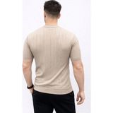 Tarz Yeri Erkek Kısa Kol Fitilli Triko T-Shirt Yazlık Hakim Yaka Tişört - Bej - XL