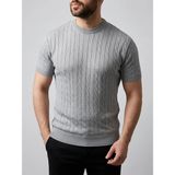 Tarz Yeri Erkek Yazlık Triko Dokuma Tişört Kısa Kol Bisiklet Yaka Örgü Desenli T-Shirt - Gri - 2XL