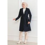Tarz Yeri Kadın Kaşe Kaban Uzun Boy Kruvaze Yaka Kuşaklı Tesettür Kaban Astarlı Yünlü - Lacivert - XL
