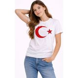 Tarz Yeri Kız Çocuk Tişört Bisiklet Yaka Ay Yıldız Bayrak Baskılı T-Shirt - Beyaz - 10 - 11 Yaş