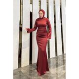 Tarzım Tuba Eftal Zara Saten Kumaş Drapeli Bordo Tesettür Abiye Elbise