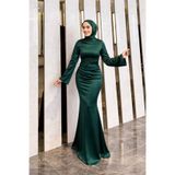 Tarzım Tuba Eftal Zara Saten Kumaş Drapeli Yeşil Tesettür Abiye Elbise