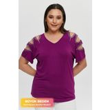 tarzımsüper Büyük Beden Yeni Sezon Kolları Pullu Konfor Modeli Kısa Kollu V Yaka Şık Penye Tunik T-Shirt