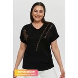 tarzımsüper Büyük Beden Yeni Sezon Rahat Konfor Modeli Şerit Pul Desenli Kısa Kollu V Yaka Penye Tunik T-Shirt