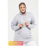 tarzımsüper Kadın Büyük Beden Kapüşonlu Kanguru Cepli Likralı Düğme Detaylı Uzun Hoodie Sweatshirt Gri