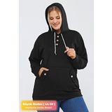 tarzımsüper Kadın Büyük Beden Kapüşonlu Kanguru Cepli Likralı Düğme Detaylı Uzun Hoodie Sweatshirt Siyah