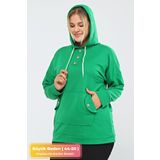 tarzımsüper Kadın Büyük Beden Kapüşonlu Kanguru Cepli Likralı Düğme Detaylı Uzun Hoodie Sweatshirt Yeşil