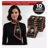 Tarzını Seç 10’lu Atatürk Fotoğraflı ve Imzalı Türk Bayraklı Kravat / Eşarp / Fular Set - 4BY-Kırmızı