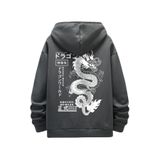 Tarzsokak Anime Guys Japanese Letter & Dragon Graphic Drawstring Hoodie Gri, Koyu Gri, Xl