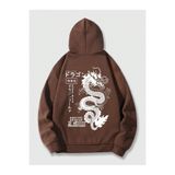 Tarzsokak Anime Guys Japanese Letter & Dragon Graphic Drawstring Lined Hoodie Kahverengi, Kahverengi, L
