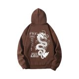 Tarzsokak Anime Guys Japanese Letter & Dragon Graphic Drawstring Lined Hoodie Kahverengi, Kahverengi, Xl
