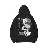 Tarzsokak Anime Guys Japanese Letter & Dragon Graphic Kangaroo Pocket Drawstring Hoodie Siyah, Siyah, M