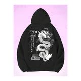 Tarzsokak Anime Guys Japanese Letter & Dragon Graphic Kangaroo Pocket Drawstring Hoodie Siyah, Siyah, Xl