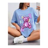 Tarzsokak Casual Loose Fit Kadın Kısa Kollu Tişört Karikatür Ayı Baskı Yuvarlak Yaka, Bebek Mavisi, Xl