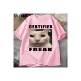Tarzsokak Certified Freak Cat Meme T Shirt Cotton Short Sleeve Match My Freak Hard T-Shirts Casual O Ne, Pembe2301, M