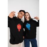 Tarzsokak Çift Sevgili Ikili Ateş Ve Su Baskılı Oversize Kapşonlu Sweatshirt Hoodie, Siyah, S