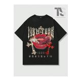 Tarzsokak Grunge Punk Erkek Haç ve Dudak Baskılı Kısa Kollu Tişört