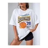 Tarzsokak Kadın Beyaz Basketball Tournament Baskılı Oversize Tişört, Beyaz, S
