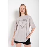 Tarzsokak Kadın Çizgili Figür Kalp Boyamalı Gri T-Shirt, Gri, L