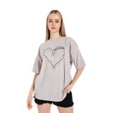 Tarzsokak Kadın Çizgili Figür Kalp Boyamalı Gri T-Shirt, Gri, Xl