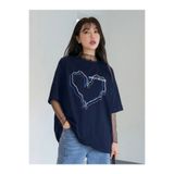 Tarzsokak Kadın Çizgili Figür Kalp Lacivert T-Shirt Have A Holiday Baskılı, Lacivert, L