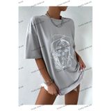 Tarzsokak Kadın Çizgili Figür Oversize Boyamalı Gri T-Shirt, Gri, M