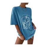 Tarzsokak Kadın Çizgili Figür Oversize Indigo T-Shirt, Mavi, S