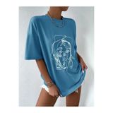 Tarzsokak Kadın Çizgili Figür Oversize Indigo T-Shirt, Mavi, Xl