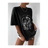 Tarzsokak Kadın Çizgili Figür Oversize Siyah T-Shirt, Siyah, L