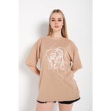 Tarzsokak Kadın Çizgili Figür Oversize Vizon T-Shirt, Bej, M