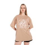Tarzsokak Kadın Çizgili Figür Oversize Vizon T-Shirt, Bej, Xl