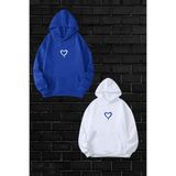 Tarzsokak Kadın Erkek Mavi Beyaz Kalp Baskılı Sevgili Çift Kombini 2' Li Set Kapüşonlu Sweatshirt, Mavi-328, Xl