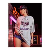 Tarzsokak Kadın Gri Oversize T-Shirt Music Ön Baskılı Tişört, Gri, L